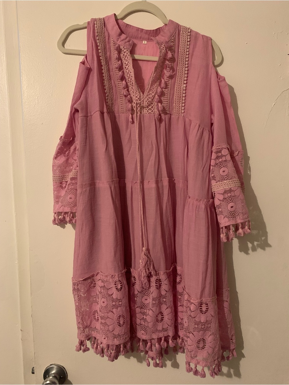 Pink Cold-Shoulder Lace Trim Boho Dress